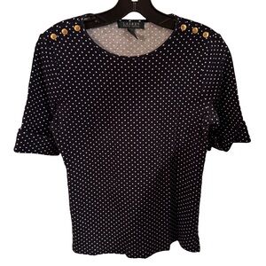 LAUREN RALPH LAUREN Women's Top Size M Blue Polka Dots Cuff Sleeve Gold Buttons